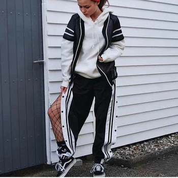 Hip Hop Treniņbikses Sievietes Pogu Bikses Sievietēm Zaudēt Sadalīt Sieviešu Sporta Bikses Elastīgas Vidukļa Bikses Sievietēm Streetwear