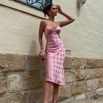 Hirigin Sexy Backless Spageti Siksnas Sieviešu Midi Kleitas Kluba Modes Elegants Piedurknēm Polka Punktiņi Kleita Svētku Drēbes