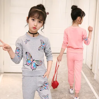 Hot Baby Girl Apģērbu Komplekti 2020. Gada Rudenī korejas Kokvilnas Versija Apaļu Kakla garām piedurknēm Džemperis + Bikses Divi-piece 3-13Y