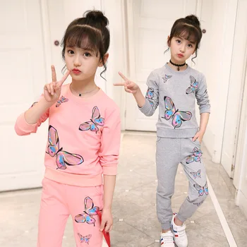 Hot Baby Girl Apģērbu Komplekti 2020. Gada Rudenī korejas Kokvilnas Versija Apaļu Kakla garām piedurknēm Džemperis + Bikses Divi-piece 3-13Y