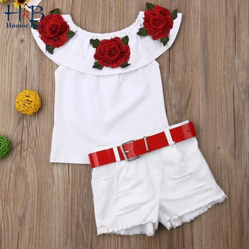 Humora Lācis Vasaras Bērnu Meiteņu Drēbes Uzvalku 2020 Pie Pleca 3D Rose Puķu Top+ Bikses Meiteņu Apģērbu Komplekti 2-6Y Apģērbs