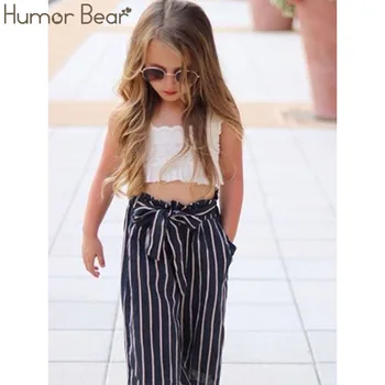 Humora Lāču Jaunā Vasaras Bērnu Apģērbu Īss top T-krekls + Svītrains plaša kāju bikses divdaļīga Sieviešu baby girl apģērbu Uzvalks