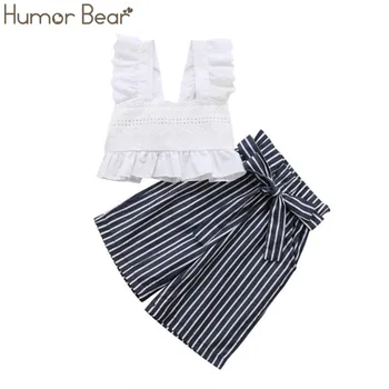 Humora Lāču Jaunā Vasaras Bērnu Apģērbu Īss top T-krekls + Svītrains plaša kāju bikses divdaļīga Sieviešu baby girl apģērbu Uzvalks