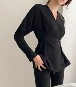 HziriP Vintage garām Piedurknēm V-veida kakla Melns Krekls Sievietēm 2020 