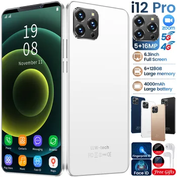 I12 Pro Andriod Telefonu 5+16MP 10 Core Sejas Nospiedumu ID 6.3 Collu Full Screen 6+128GB Mobilie Telefoni Dual SIM Smart Tālrunis Celular