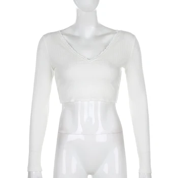IAMSURE Mežģīņu Malu Estētisko Kultūru Topi, Sieviešu Sexy Backless Mežģīnes-Up Dziļa V-veida kakla Topi, t-veida ar garām Piedurknēm korejas Streetwear Topi