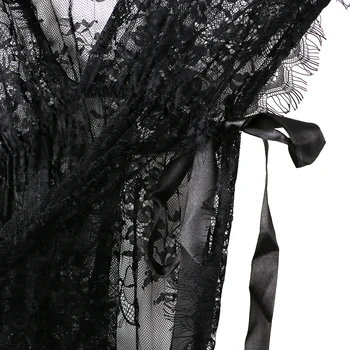 IKOKY Eksotisku Apģērbu Dziļu V-veida Kakla Gara Kleita Sleepwear Melns Mežģīņu Apmetni + T-Siksnas Sexy apakšveļa Sānu Spraugas, Erotiska Apakšveļa