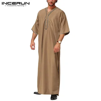 INCERUN Islāma arābu Kaftan Vīriešu Pusi Piedurknēm vienkrāsainu V Kakla Musulmaņu Apģērbu Vintage Gadījuma Tuvajos Austrumos, Dubaija Vīriešiem Jubba Thobe