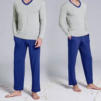 INCERUN Vīriešu Pidžamas Komplekti ar garām Piedurknēm, V veida Kakla Sleepwear Garas Bikses Ērti Homewear Ir 2021. Atpūtas Mīkstu Vīriešu Pidžamas Tērpi S-5XL