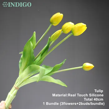 INDIGO-(3 ziedi+2 bud) Tulpju Pušķis Nekustamā Touch Silikona Augstas Kvalitātes Mājas Pielāgota Mākslīgo Ziedu Kāzu Bezmaksas Piegāde