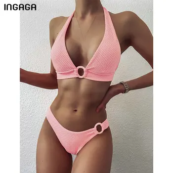 INGAGA Rozā Bikini Peldkostīmi Pārsējs Pavada Peldkostīmi Sieviešu Push Up Biquini peldkostīmu īpaši auduma Peldēties Uzvalku Ir 2021. Peldētāju