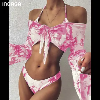 INGAGA Trīs Gabals Peldkostīms Ir 2021. Pavada Bikini ar garām piedurknēm Peldkostīmi Sieviešu Leopard High Cut Biquini Jauno Push Up peldkostīms
