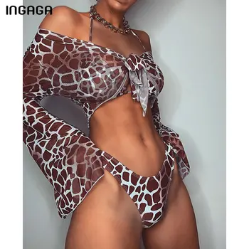INGAGA Trīs Gabals Peldkostīms Ir 2021. Pavada Bikini ar garām piedurknēm Peldkostīmi Sieviešu Leopard High Cut Biquini Jauno Push Up peldkostīms