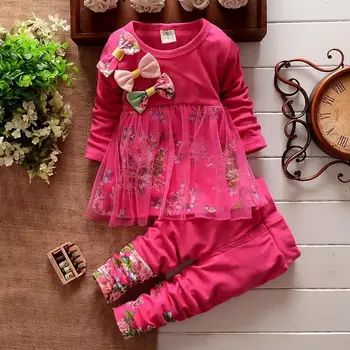 Infantis baby meitenes apģērbu komplekts ar garām piedurknēm 3 bowknot ziedu kleitu + Zeķes bikses Cute baby girl apģērbs kokvilnas