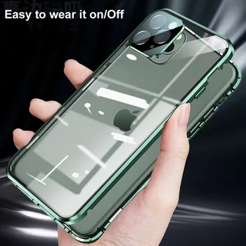 Iphone 12 pro max gadījumā Luksusa Laukumā Magnētisko Adsorbcijas Lietā par iphone 12 mini 11 pro max metāla buferi stikla pilna apdrošināšana