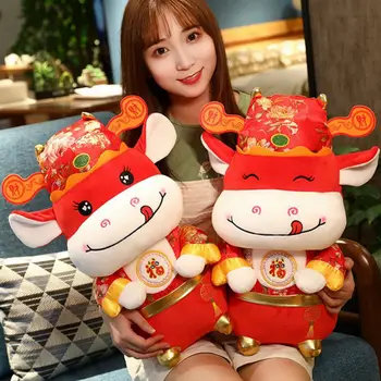 Ir 2021. Gads Vērsis Ķīniešu Jaunais Gads Apdare Rotaļlietas Red Svētku Talismans Plīša Dzīvnieku Rotaļlietas Puse Dāvanas Bērniem
