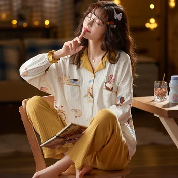 Ir 2021. Jaunu ierakstu gada Pavasarī Pidžamas Sieviešu Atloks Jaka Drukāšanas Adīti Kokvilnas korejas Gadījuma Salds garām Piedurknēm Mājas Valkāt Apģērbu