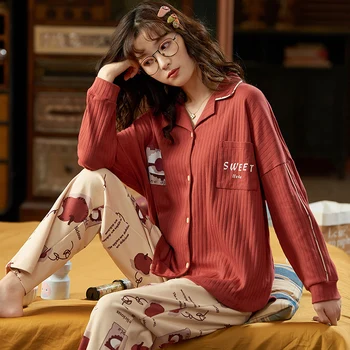 Ir 2021. Jaunu ierakstu gada Pavasarī Pidžamas Sieviešu Atloks Jaka Drukāšanas Adīti Kokvilnas korejas Gadījuma Salds garām Piedurknēm Mājas Valkāt Apģērbu