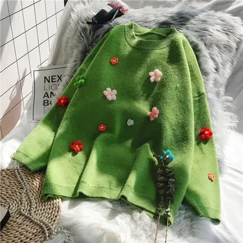 Ir 2021. Rudens Ziemas Biezs Silts trīsdimensiju Ziedu Džemperis O Kakla Brīvs Džemperis Adīt Džemperis Pull Femme Y309