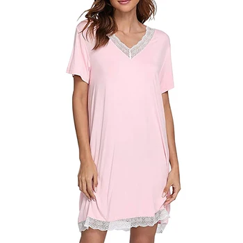 Ir 2021. Sieviešu Mežģīņu Nightgowns Un Sleepshirts Sleepwear Gudrs Miega Krekls Cietas Nakts Kleita Ar Īsām Piedurknēm Naktsveļu
