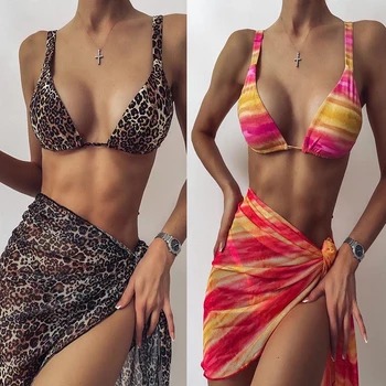 Ir 2021. Sieviešu Pārsējs 3 Gabals Bikini Komplekts Push-up Kaklasaiti krāsošanas Leopard Augsta Vidukļa Peldkostīmu, Pludmales Kleitu Polsterēta peldkostīms, Peldbikses Svārki