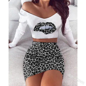 Ir 2021. Sieviešu Uzstādīt Sexy Clubwear Lūpām Drukāt garām Piedurknēm T-krekli Leopards Drukāt Zīmuli Svārki Treniņtērpi Plus Izmērs S-3XL