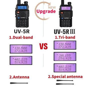 Ir 2021. Tri-Band-BaoFeng UV 5R III Walkie Talkie 3 Datumi Portatīvo 5W Ham Radio 136-174Mhz 220-260Mhz&400-520Mhz Modernizētas UV-5R UV5R