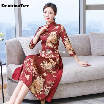 Ir 2021. cheongsam ao dai vjetnama stilu, elegants lady satīna kleita retro mandarīnu apkakles phoenix drukāt aodai kleita ķīniešu kleita qipao