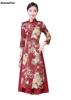 Ir 2021. cheongsam ao dai vjetnama stilu, elegants lady satīna kleita retro mandarīnu apkakles phoenix drukāt aodai kleita ķīniešu kleita qipao