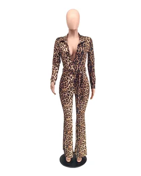 Ir 2021. pavasara Jaunu un Seksīgu Leopards Drukāt Jumpsuit modes slim V-Apkakli, garām piedurknēm, sieviešu top bikses