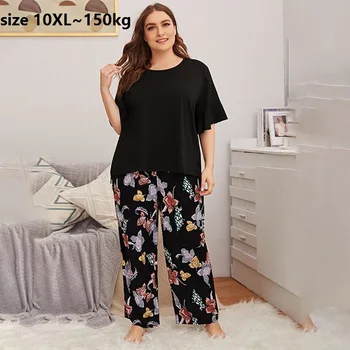 Izmērs 10XL 150KG Sieviešu Pidžamas Komplekti Īsām Piedurknēm Melnā Top un Ziedu Bikses Sievietēm Sleepwear Mājas Tērps Sievietēm Sieviešu Homewear