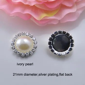 (J0006) 21mm diametrā,100gab/daudz, rhinestone pogu,perlamutra pērlītēm,sudraba apšuvuma,ar plakanu aizmuguri,ziloņkaula vai dzidri balta pērle
