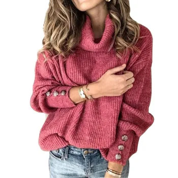 JAUNS ar garām Piedurknēm Džemperis Sievietēm augstu uzrullētu apkakli Ziemas Drēbes Gadījuma pogu Pulovers Blūze Plus Lieluma Lielgabarīta sweters mujer 2020