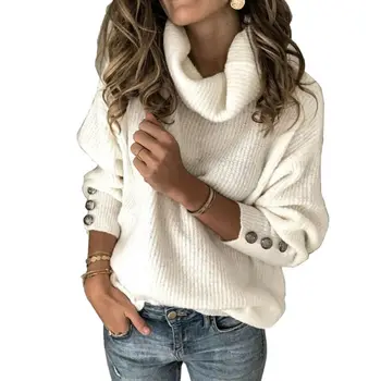 JAUNS ar garām Piedurknēm Džemperis Sievietēm augstu uzrullētu apkakli Ziemas Drēbes Gadījuma pogu Pulovers Blūze Plus Lieluma Lielgabarīta sweters mujer 2020