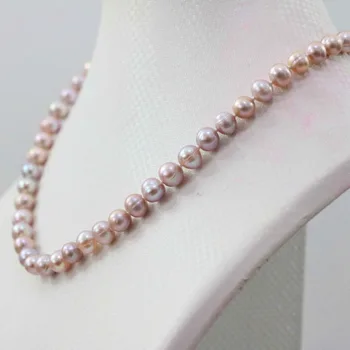 JAUNU Dabas rozā, violeta 7-8mm akoya saldūdens pērļu kaklarota 18