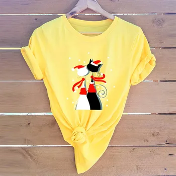 JCGO Modes Vasaras T Krekls Sieviešu Plus Izmēra 5XL Kokvilnas Ziemassvētku Patīk Kaķi Drukāt Sieviešu Īsām Piedurknēm T Gadījuma Dāmu Topi, t-veida