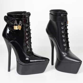 JIALUOWEI Jaunu Stilu Sieviešu Black Patentu Augstiem Papēžiem Mežģīnes-Up Platformas Potītes Boot
