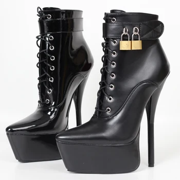 JIALUOWEI Jaunu Stilu Sieviešu Black Patentu Augstiem Papēžiem Mežģīnes-Up Platformas Potītes Boot