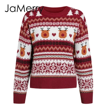 JaMerry Cēloņu sarkana rudens ziemas ziemassvētku džemperis Dzīvnieku dizains ar garām piedurknēm, sieviešu pull femme Modes o-veida kakla trikotāžas džemperis