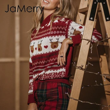 JaMerry Cēloņu sarkana rudens ziemas ziemassvētku džemperis Dzīvnieku dizains ar garām piedurknēm, sieviešu pull femme Modes o-veida kakla trikotāžas džemperis