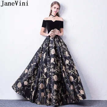 JaneVini Black Ziedu Ziedi Ilgi Puse Kleitas, Kāzu Formālās Kleitas Ar Īsām Piedurknēm Zelta Drukāt Līgavas Kleitas Sievietēm