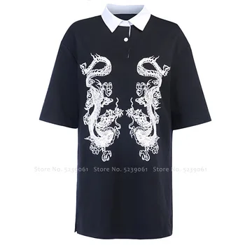 Japāņu Gothic Harajuku Stils T-krekls korejas Retro Tee Top Sievietes Ikdienas Ķīniešu Pūķis Drukāt Krekls, Kleita Vintage Blūze Vestido
