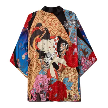 Japāņu Kimono Streetwear Ukiyo-e Ziedu Drukāt Kimono Cosplay Jaciņa Drēbes Haori Obi Tradicionālo Japāņu Drēbes Sievietēm, Vīriešiem