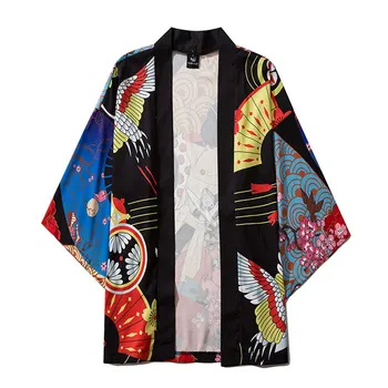 Japāņu Kimono Streetwear Ukiyo-e Ziedu Drukāt Kimono Cosplay Jaciņa Drēbes Haori Obi Tradicionālo Japāņu Drēbes Sievietēm, Vīriešiem