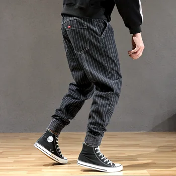 Japāņu Modes Stila Vīriešu Džinsi Svītru Dizainers Loose Fit Kravas Bikses hombre Mīkstais Apakšā Streetwear Hip Hop Joggers Džinsi Vīriešiem