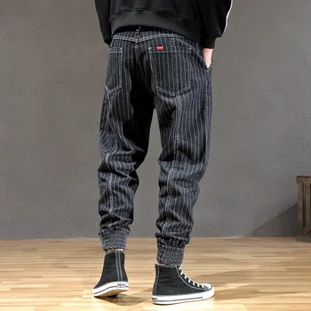 Japāņu Modes Stila Vīriešu Džinsi Svītru Dizainers Loose Fit Kravas Bikses hombre Mīkstais Apakšā Streetwear Hip Hop Joggers Džinsi Vīriešiem