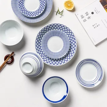 Japāņu Roku Apgleznoti Keramikas Vakariņas Plāksnes Zilā Zupa Nūdeles Bļoda Virtuves Deserta Ēdienus Mikroviļņu Drošu Dinnerware