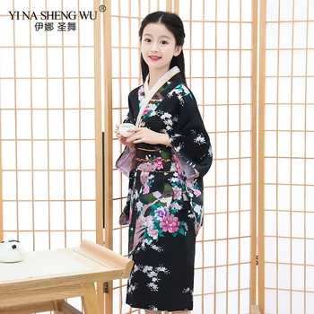 Japāņu Tradicionālo Kimono Cosplay Kostīmi, Eleganti Sakura Atbilstu Drukas Pāvs Bērnu Drēbes Kleita Meitene Darbības Kimono Kleita