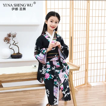 Japāņu Tradicionālo Kimono Cosplay Kostīmi, Eleganti Sakura Atbilstu Drukas Pāvs Bērnu Drēbes Kleita Meitene Darbības Kimono Kleita
