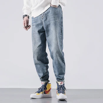 Japāņu Vintage Modes Vīriešu Džinsi Retro Zilā Loose Fit Ripped Džinsa Harēma Bikses Streetwear Hip Hop Wide Kāju Dizainera Džinsi Vīriešiem